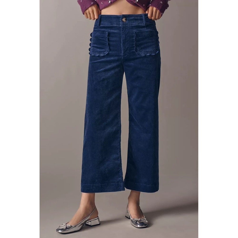 Anthropologie Maeve Colette Corduroy Wide Leg Crop Pants Blue 34 Scallop - Picture 2 of 9
